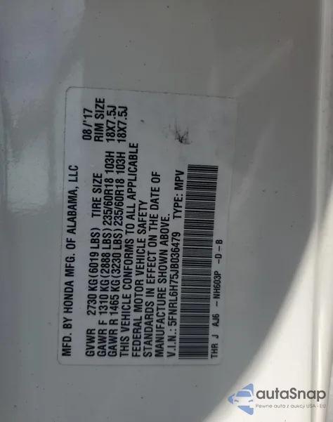 2018 Honda Odyssey Ex-L z USA, uszkodzony, nr VIN 5FNRL6H75JB036479